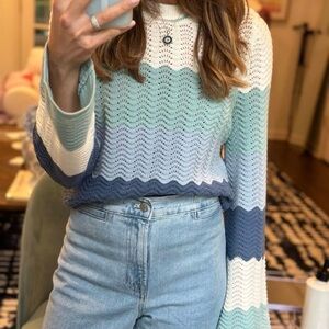 Design 365 History COLORBLOCK Pointelle Women's Blue and White Striped Sweater S